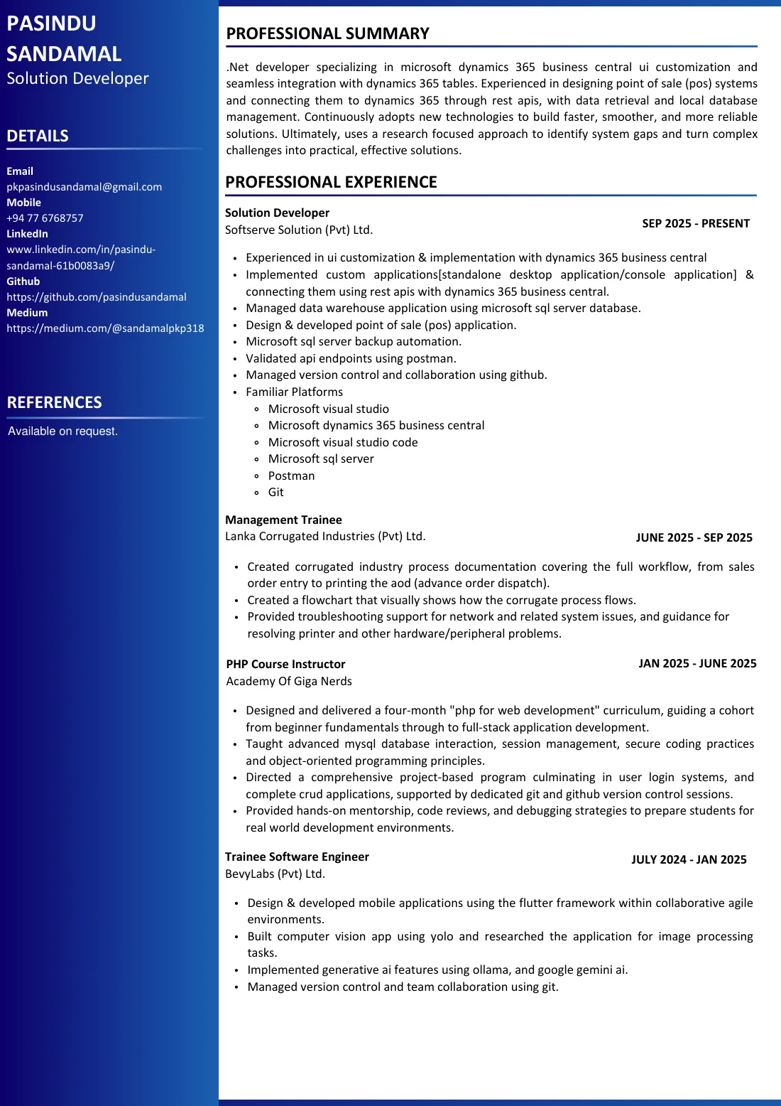 CV of Pasindu Sandamal, Solution Developer, page 1