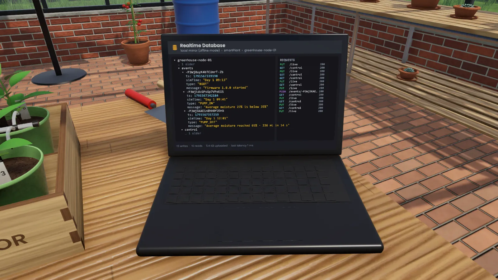 The laptop showing the Firebase Realtime Database: firmware started, pump on at 27% moisture, and pump off once moisture reached 65%.