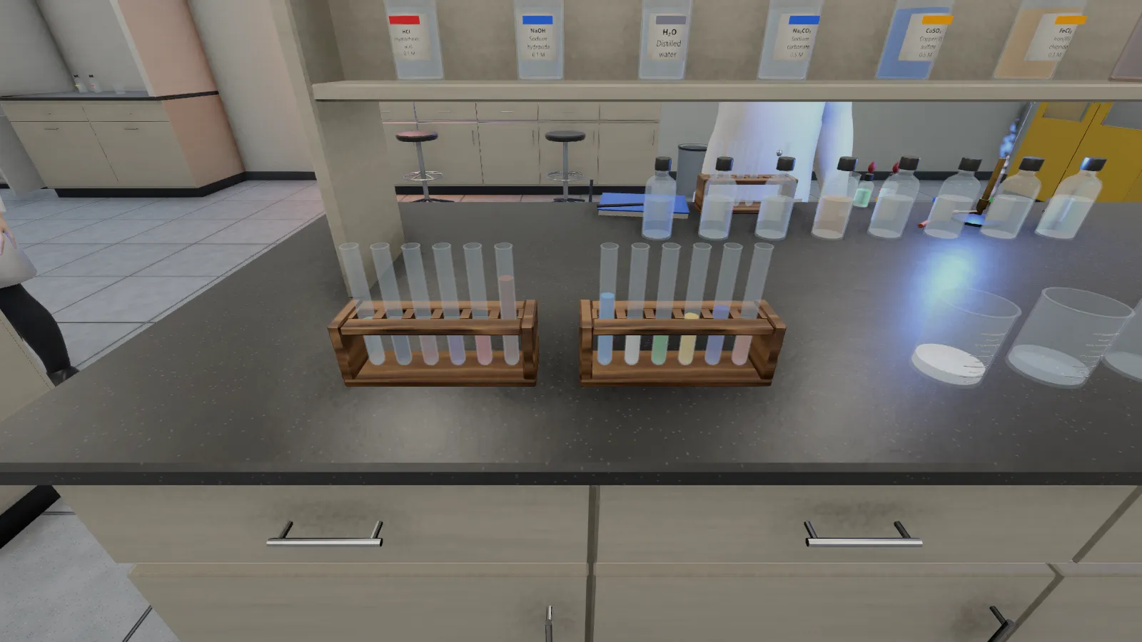 Racks of test tubes on Bench 2, ready for the reactions and pH practicals.