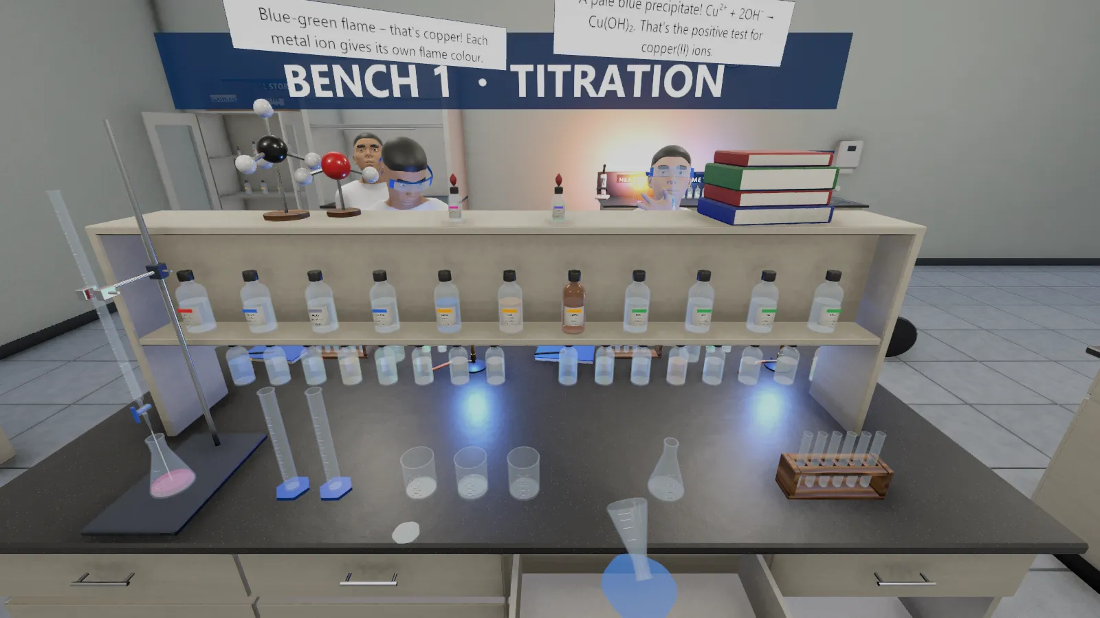 Students in lab coats and goggles at the Bench 1 titration station.