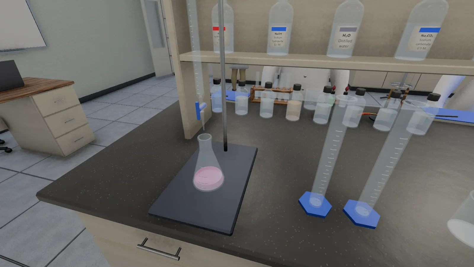 A titration at its end point: the conical flask under the burette has turned pink, with sodium hydroxide and other reagents on the shelf behind.