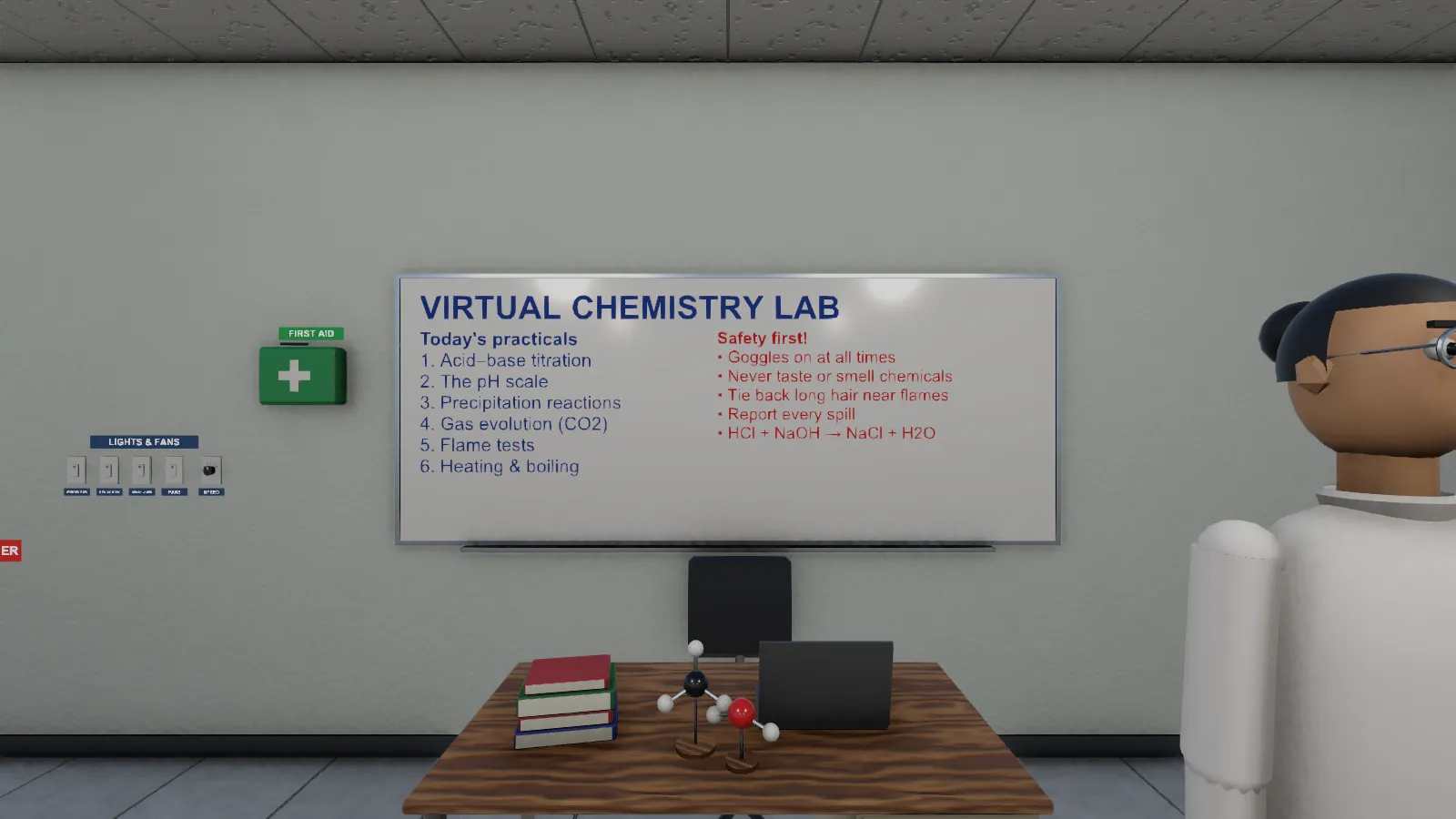 The whiteboard listing six practicals (acid-base titration, the pH scale, precipitation, gas evolution, flame tests, heating and boiling) beside the safety rules.