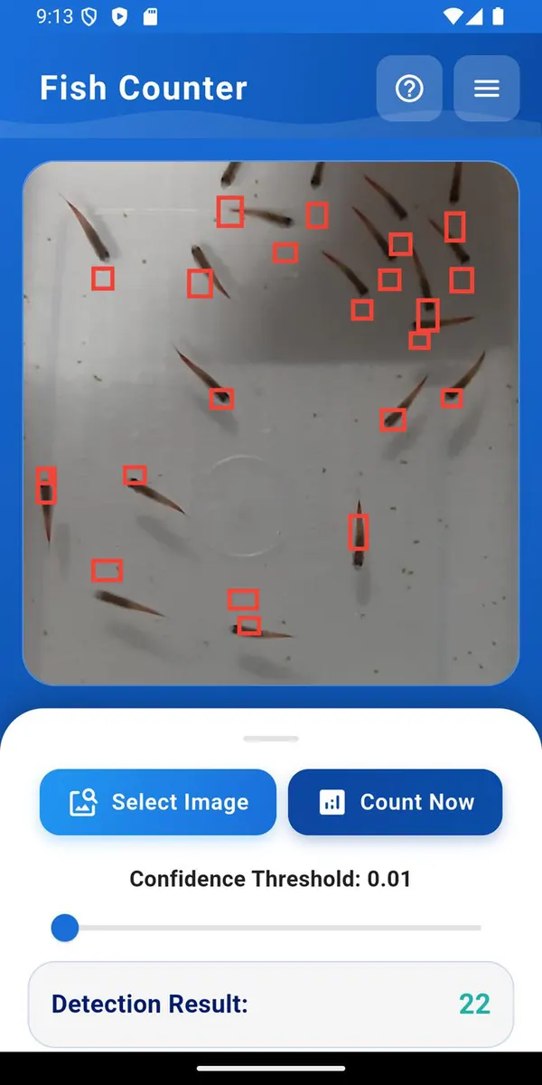 Twenty-two fish detected and boxed in red, with the confidence threshold slider below.