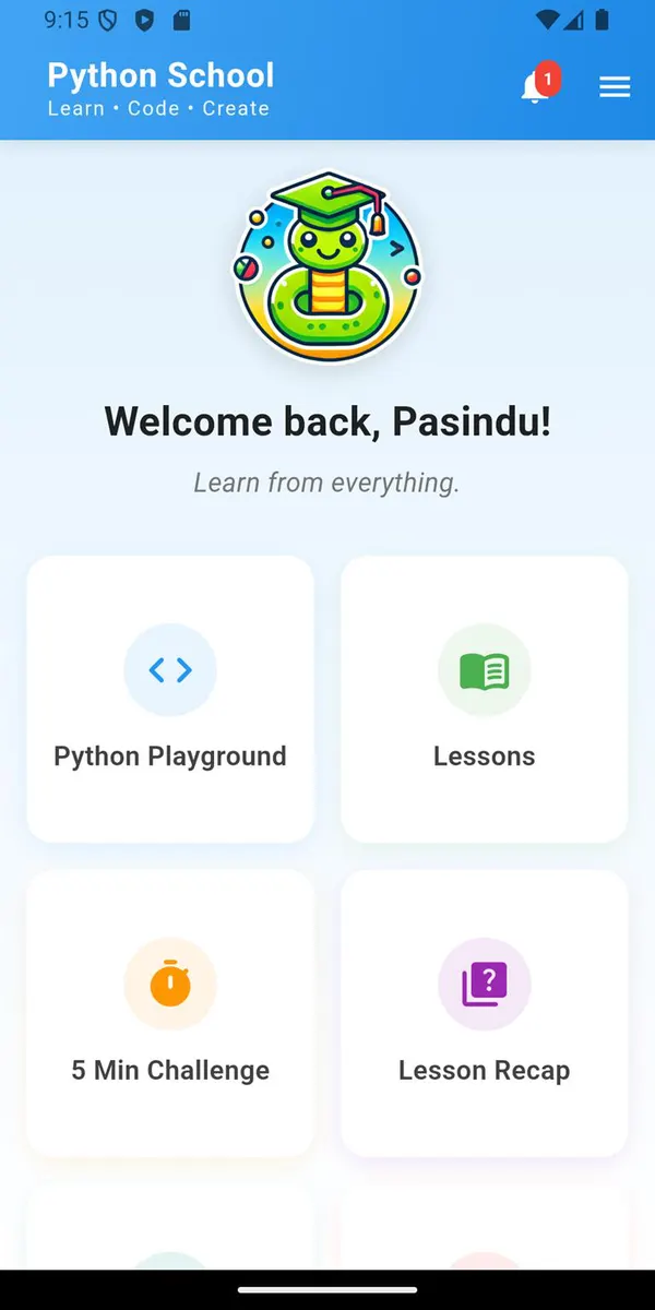 The home screen, with lessons, the playground, the five-minute challenge and recaps.