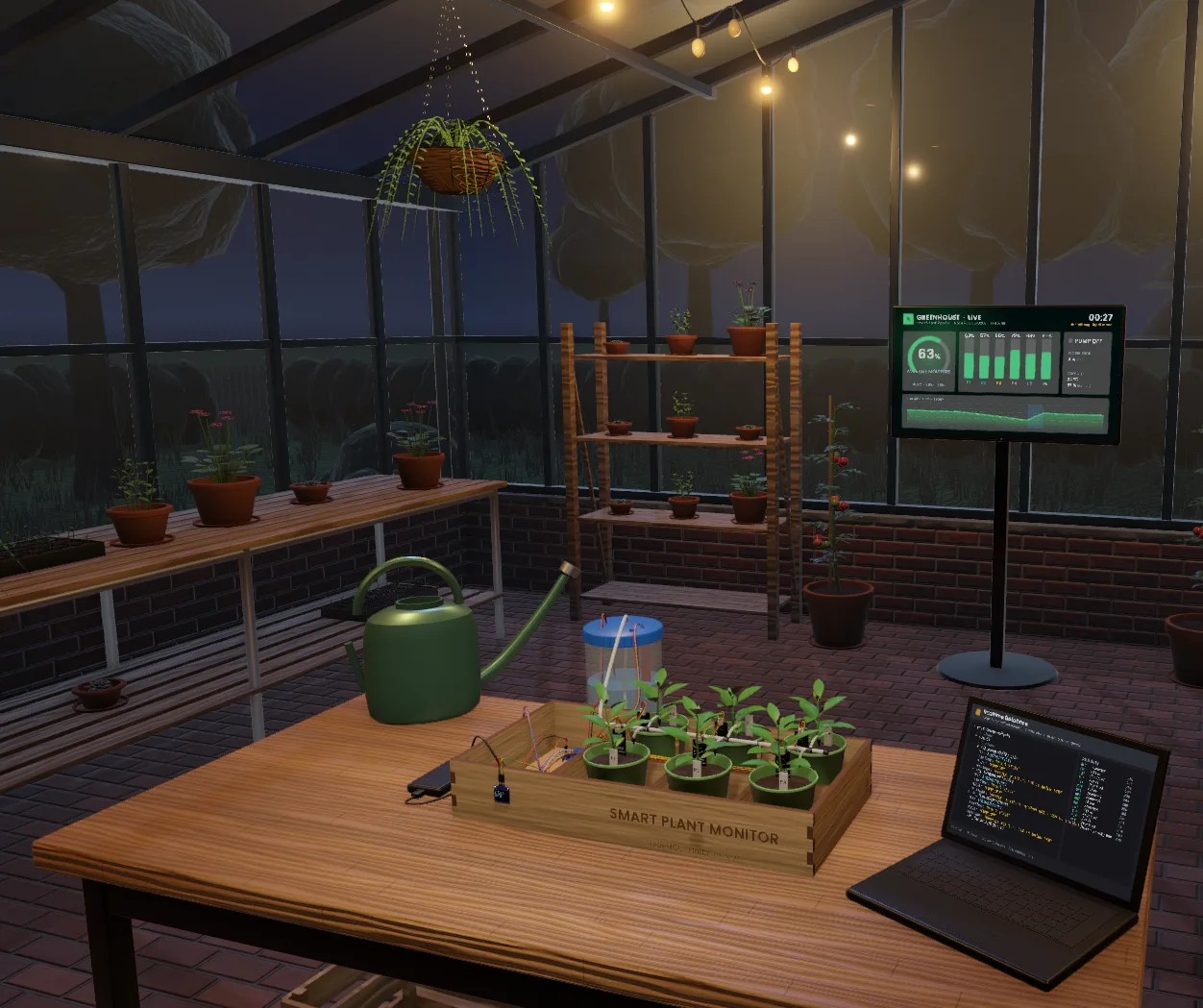 A 3D version of the system built in Unity: the planter box with its sensors in a greenhouse at night, a live dashboard showing 63% soil moisture and the pump state, and a laptop showing the readings.