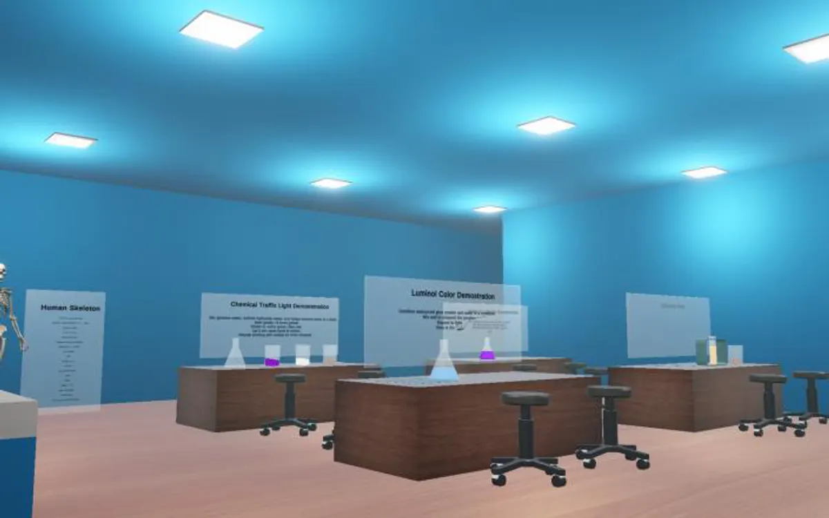 The lab interior, with benches, stools and demonstration boards.