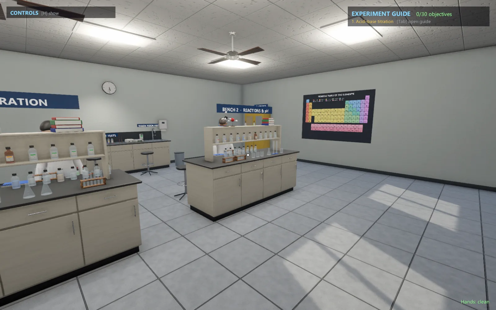 The lab in the latest build: benches of glassware, a periodic table on the wall, and the experiment guide open at acid-base titration with 0 of 30 objectives done.